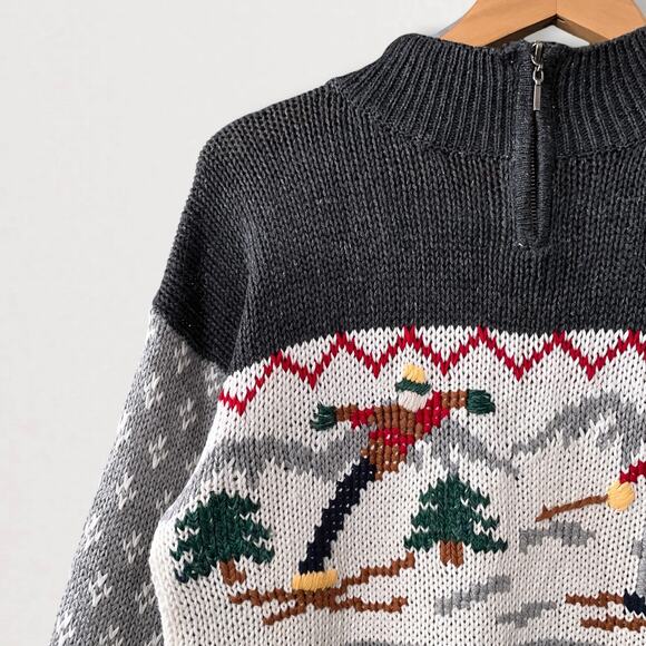 90s Apres Ski Quarter Zip Henley Sweater 1/4 Fair Isle Nordic Cabincore Alpine S - Picture 6 of 12